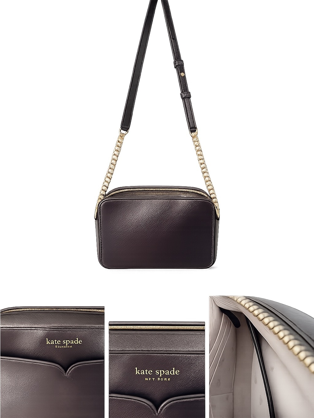 kate spade Black Leather Crossbody with Gold Chain-Detail Strap